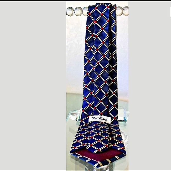 PAUL FREDRICK MENS TIE NAVY CREAM SILK VINTAGE - Picture 8 of 8